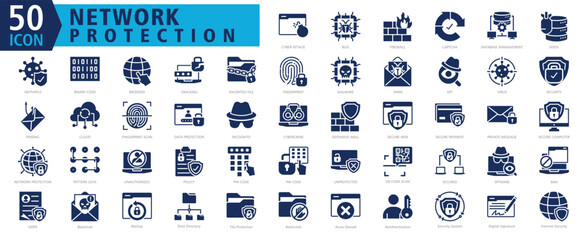 NETWORK PROTECTION ICON SET With Cyber Attack, Bug, Firewall, Captcha, Database Management, Ddos, Antivirus, Binary Code, Browser and Cracking