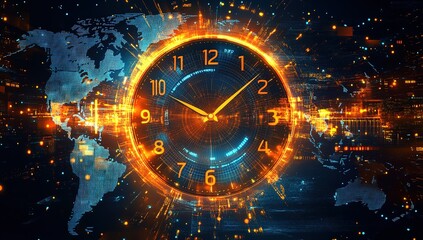 A futuristic clock with digital numbers and glowing lights, surrounded by holographic images of world maps and data streams. The background is dark blue with orange highlights.