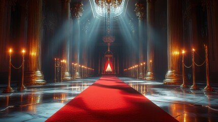 Gleaming red carpet leading to a grand entrance, bordered by golden stanchions under dramatic spotlights, evoking a sense of luxury and prestige