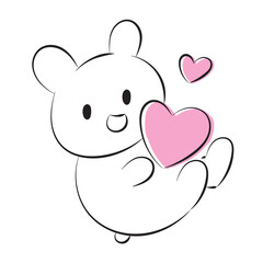 Cute hand-drawn illustration of a rabbit holding a heart mark and smiling.