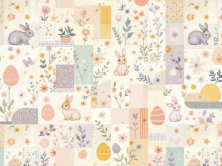 Whimsical pastel bunny and floral pattern with easter eggs