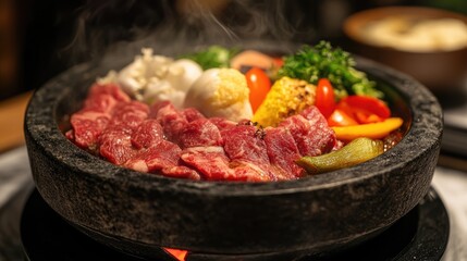 A close-up shot of a hot stone pot with sizzling meat and vegetables, ready to be served in a cozy restaurant.