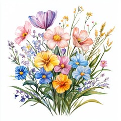 Obraz premium Small bouquet of colorful flowers in grass art illustration watercolor.