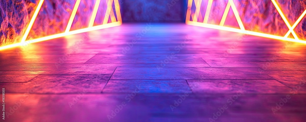 Poster Floor abstract background concept. Vibrant neon lights illuminate a modern space, creating a dynamic and lively atmosphere.