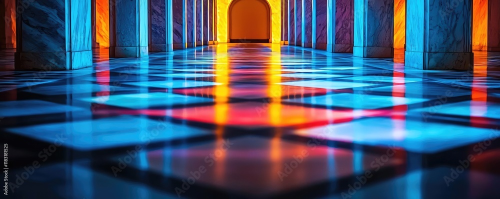 Poster floor abstract background concept. colorful reflections in a modern architectural corridor showcasin