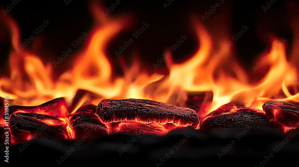 Poster fire abstract background concept. glowing coals with vibrant flames creating a warm, inviting atmosp