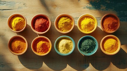 A collection of colorful spices like turmeric, cumin, and coriander neatly arranged on a wooden table, with small bowls for each.