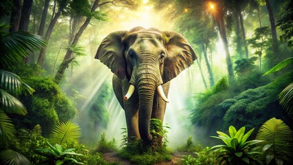 Majestic Wild Elephant in Lush Jungle - Double Exposure Stock Photo