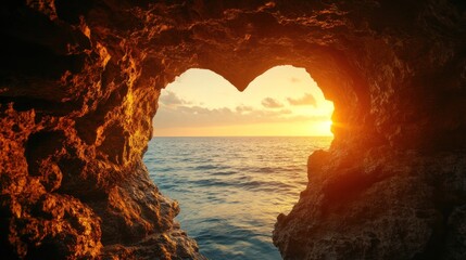 Heart-shaped cave framing the ocean horizon, with the setting sun casting a warm and golden glow on...