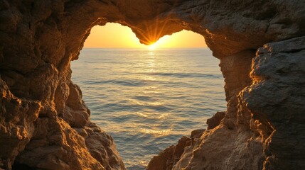 Heart-shaped cave framing the ocean horizon, with the setting sun casting a warm and golden glow on the surrounding rock textures