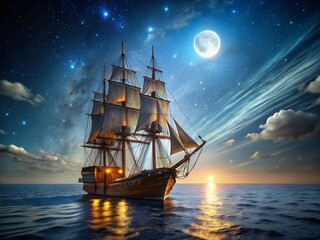 Fototapeta premium Majestic Wooden Ship at Night - 3D Rendered Aerial View