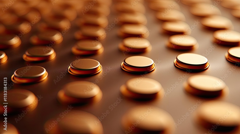 Poster Dots abstract background idea. Close-up view of metallic circular buttons arranged on a surface.