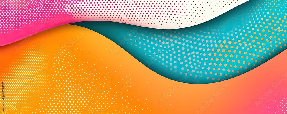Poster Dots abstract background idea. Vibrant abstract waves in pink, orange, and teal with dotted patterns.