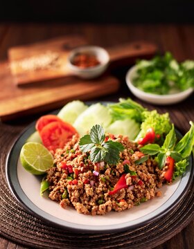 Local Thai food, Spicy minced pork salad (Larb Moo)