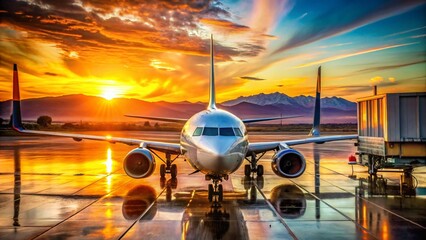 Fototapeta premium Marrakesh Airport: Boeing 737 Pushback Double Exposure Sunrise Stock Photo