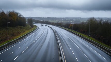 Naklejka premium A deserted motorway under dramatic storm clouds, with wet roads reflecting the dark sky.
