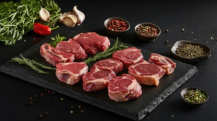 A display of fresh veal cuts, including tenderloins and chops, with rich marbling and bright red meat visible.