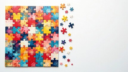 Colorful floral jigsaw puzzle almost complete with missing pieces scattered nearby