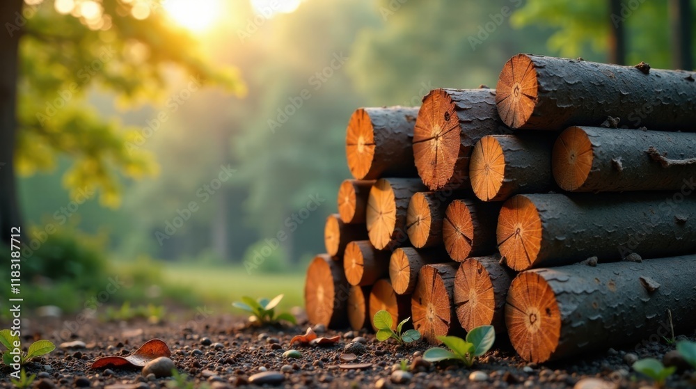 Poster stack of logs in a forest at sunset