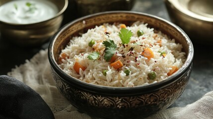 A freshly cooked, hot bowl of Indian pulao rice, served with spiced vegetables and accompanied by yogurt.