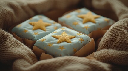 Three small gifts wrapped in blue paper with gold stars, nestled in a cozy beige sweater.