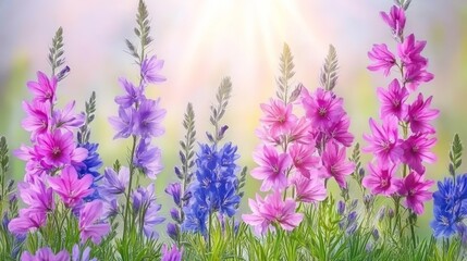 Naklejka premium Vibrant Pink and Blue Wildflowers in Sunny Meadow