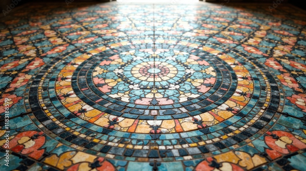 Poster Intricate Circular Mosaic Tile Floor Design Featuring Colorful Geometric Patterns