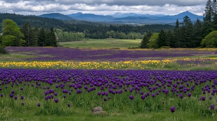 Obraz premium Vibrant Purple and Yellow Tulip Fields with Mountain View