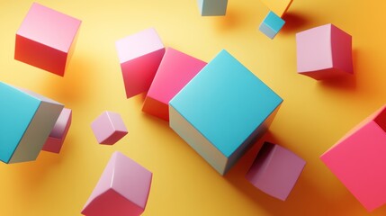 Abstract Colorful Cubes Falling on Yellow Background: A 3D Render of Geometric Shapes in Motion