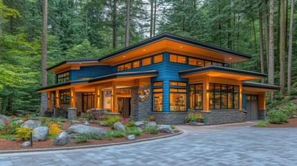 Obraz premium Modern Blue House Nestled in Lush Forest Setting