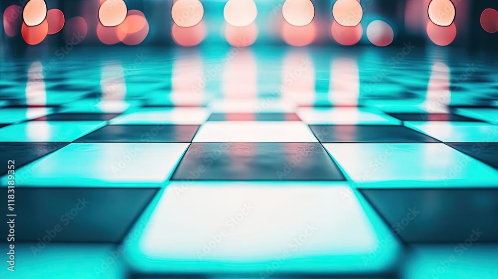 Poster Floor abstract background concept. A vibrant, abstract view of a checkerboard pattern with glowing lights in the background.