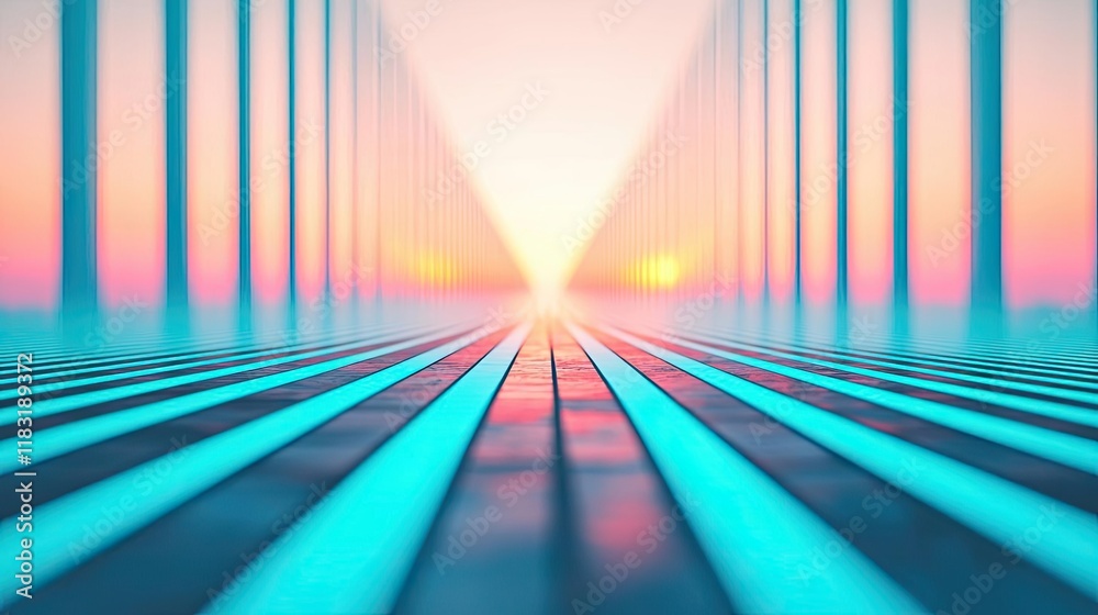 Poster Floor abstract background concept. A futuristic perspective view of vibrant lines converging towards a glowing horizon.