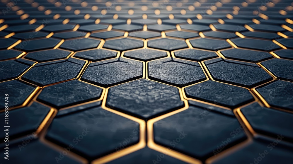 Aufkleber Floor abstract background concept. Close-up view of a textured hexagonal pattern with metallic accents and shadows.