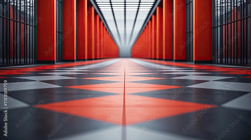 Aufkleber floor abstract background concept. a modern corridor featuring striking red walls and a geometric ti