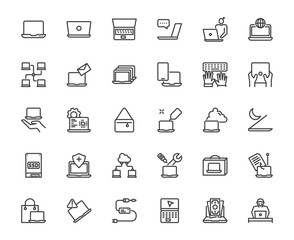 Vector thin line icon set of laptop or notebook device and related things, computer technology and office equipment, 48x48 pixel perfect editable stroke for website, media, mobile app, ux,ui design