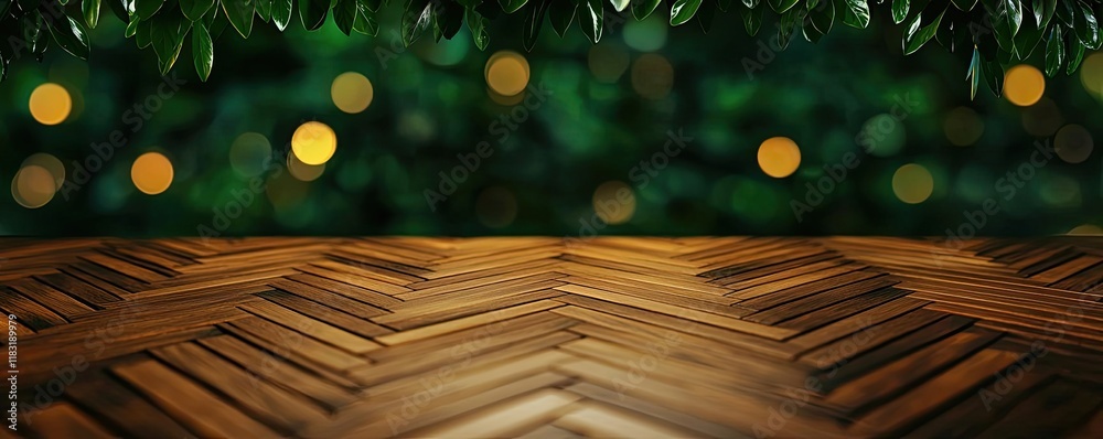 Poster Floor abstract background concept. Elegant wooden table with soft bokeh background lights for warm ambiance.