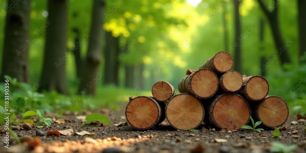 Poster stack of logs in a lush forest setting
