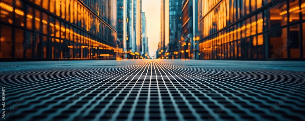 Poster floor abstract background concept. urban perspective view of skyscrapers and grid pavement at sunset