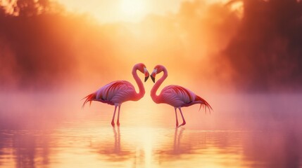 Obraz premium Romantic pink flamingos on a misty lake at dusk, their necks creating a heart shape against the backdrop of a glowing sunset