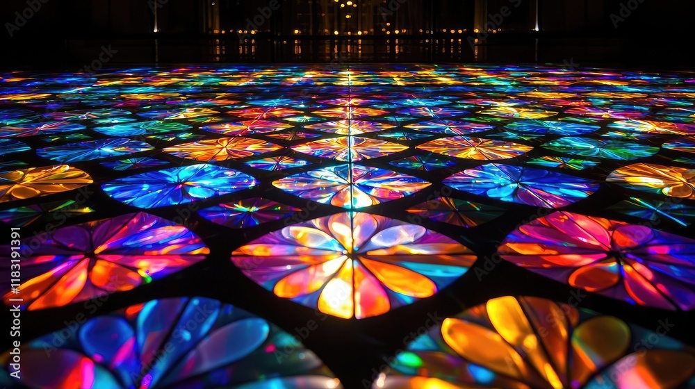 Poster Floor abstract background concept. Beautiful stained glass patterns casting colorful reflections on the floor.