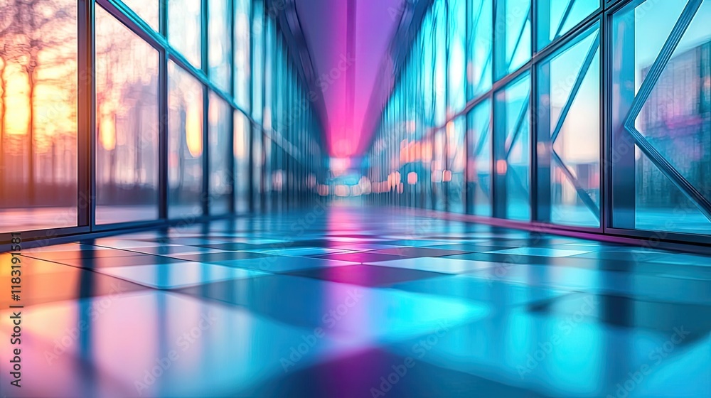 Poster Floor abstract background concept. A vibrant modern corridor showcasing colorful reflections and dynamic lighting.
