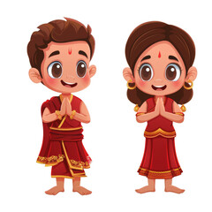 A young boy and girl in traditional Indian clothing, smiling and greeting with folded hands.