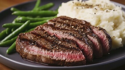 A juicy steak on a plate, with a side of creamy mashed potatoes and fresh green beans, ready to be enjoyed.