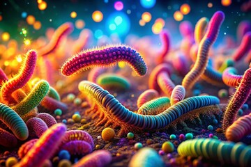 Microscopic Colony of Microorganisms Decomposing Worm Remains with Bokeh Effect