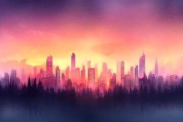 Fototapeta premium Sunset Cityscape, Urban Forest, Pink Sky - Vaporwave