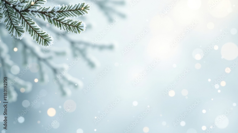 Poster winter wonderland scene snow-covered evergreen branch with soft bokeh background