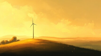 Fototapeta premium A lone wind turbine standing tall on a hill, with the surrounding landscape bathed in golden hour light.