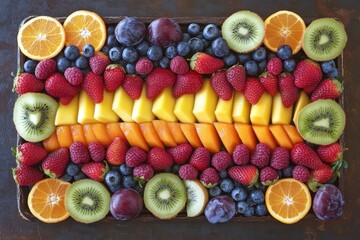Colorful fruit platter, overhead view, kitchen, healthy eating