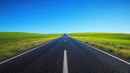 A long, modern motorway stretching into the horizon, surrounded by green fields and clear blue skies.