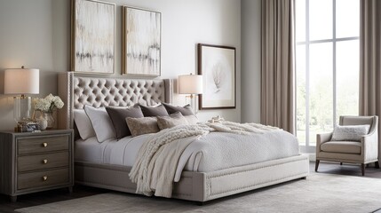 A luxurious bedroom suite with a soft color palette, plush bedding, and contemporary furniture pieces for a relaxing retreat.